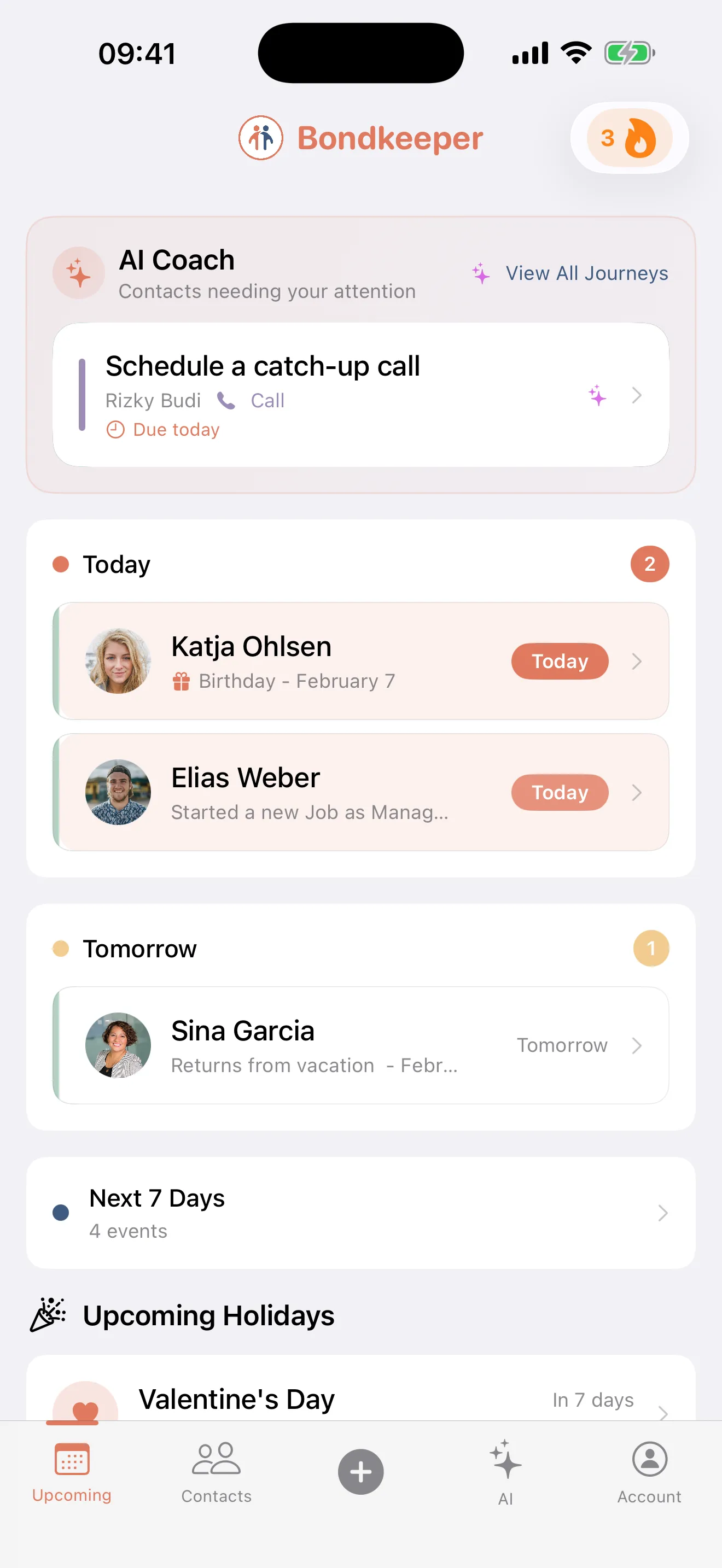 Bondkeeper App Screenshot zeigt die Ereignisübersicht mit anstehenden Geburtstagen, Jahrestagen und wichtigen Terminen deiner Kontakte