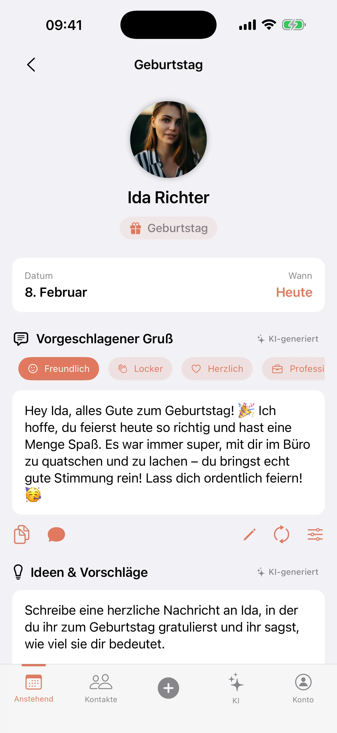 Bondkeeper App Screenshot zeigt den KI-Nachrichtengenerator beim Erstellen eines personalisierten Geburtstagsgrußes mit verschiedenen Tonalitäts-Optionen wie herzlich, professionell und locker