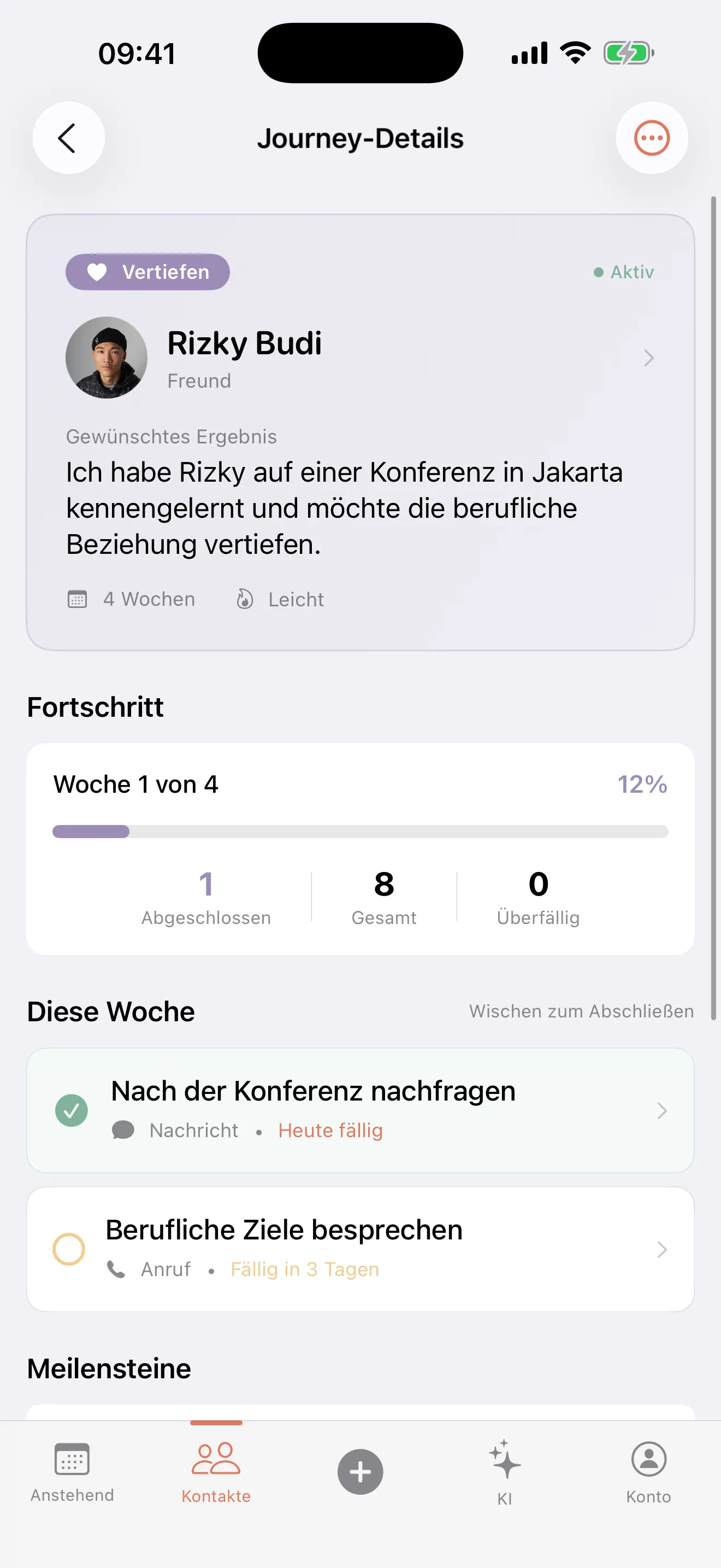 Bondkeeper App Screenshot zeigt die Beziehungs-Journey-Funktion mit einer visuellen Zeitleiste, wöchentlichen Zielen, abgeschlossenen Aufgaben und Fortschritts-Meilensteinen zur Vertiefung von Beziehungen