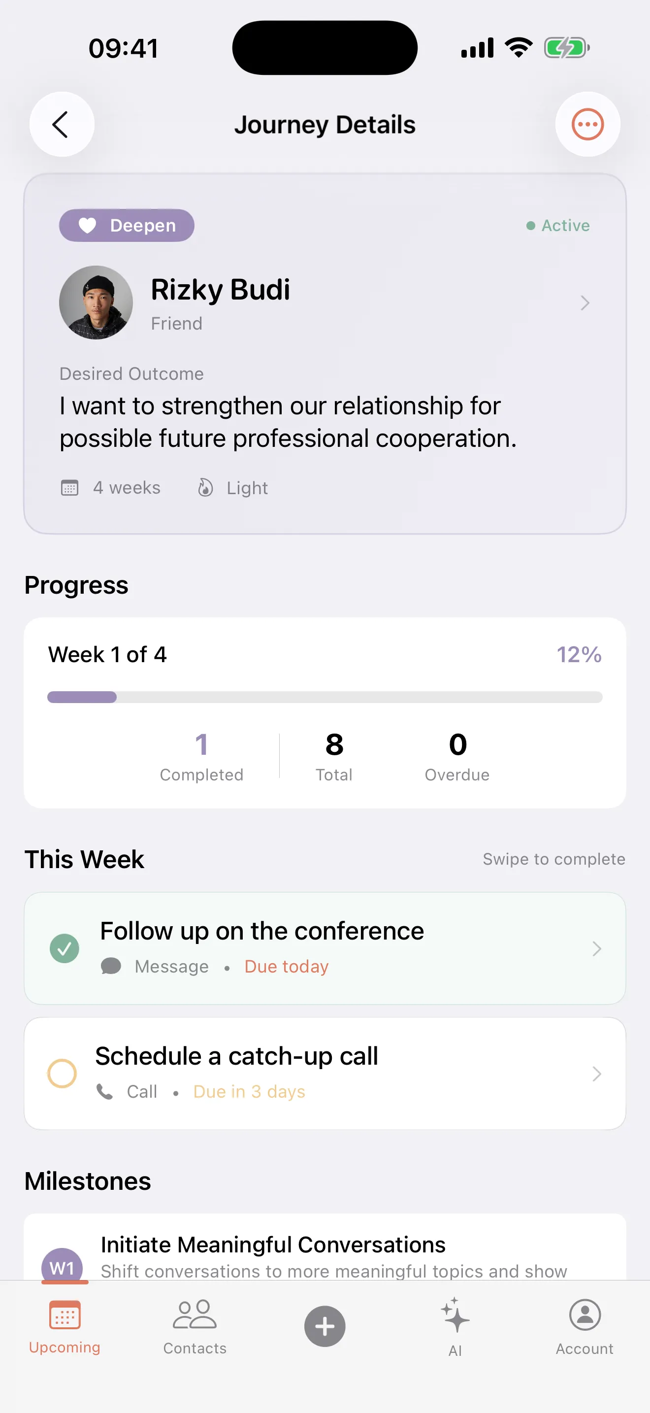 Bondkeeper app screenshot displaying the relationship journey feature with a visual timeline showing weekly goals, completed tasks, and progress milestones for deepening connections